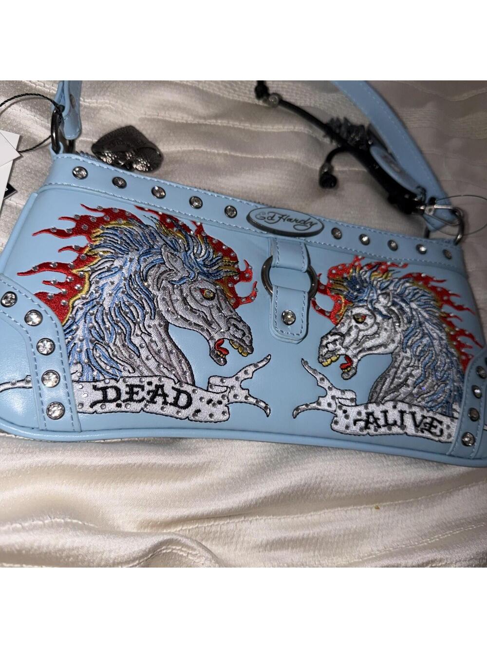 Ed Hardy Blue Rhinestone Flaming Horses Dead Alive Charm NWT